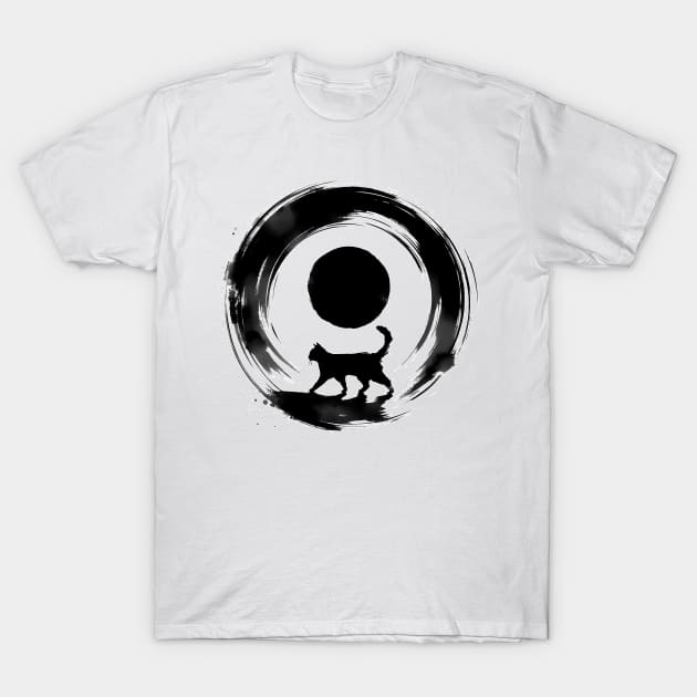 Sumie Enso Circle Japanese Brushstroke Black Cat T-Shirt by TomFrontierArt